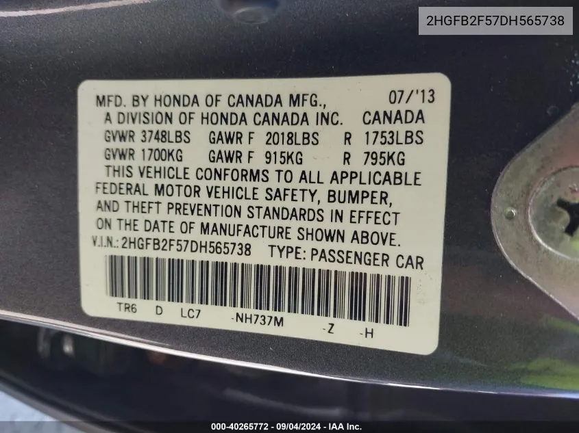 2HGFB2F57DH565738 2013 Honda Civic Lx