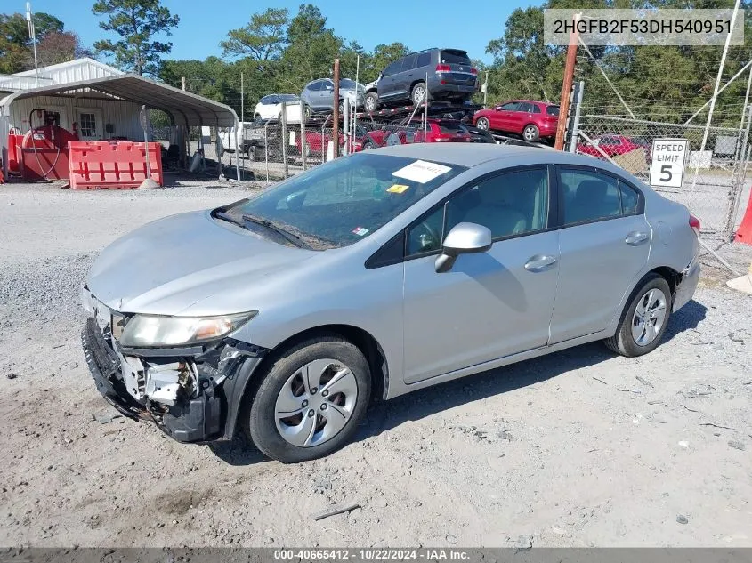 2013 Honda Civic Lx VIN: 2HGFB2F53DH540951 Lot: 40665412