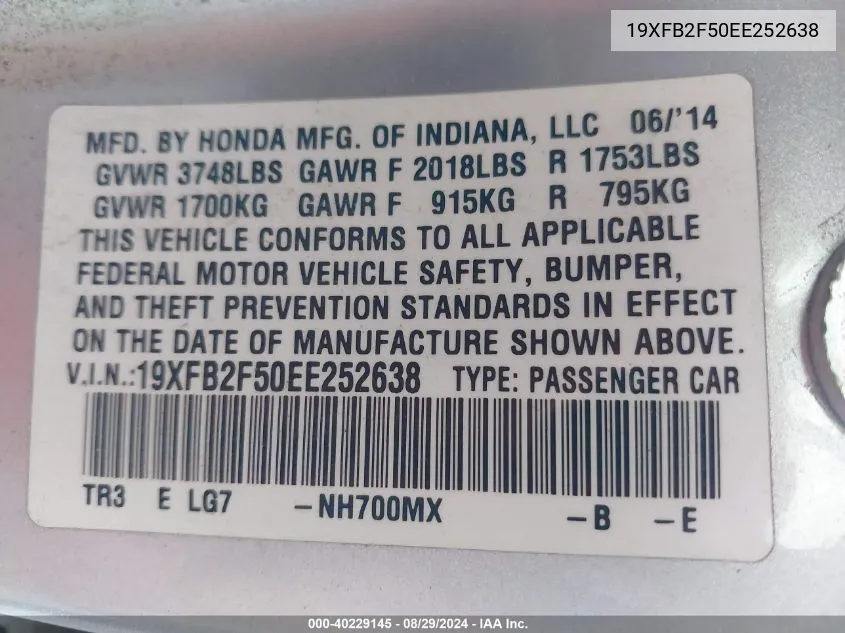 2014 Honda Civic Lx VIN: 19XFB2F50EE252638 Lot: 40229145