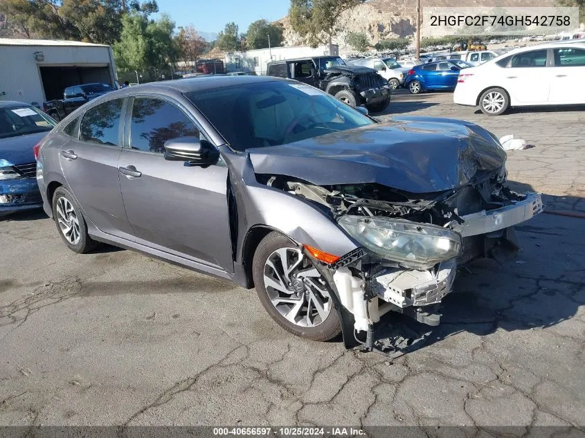 2016 Honda Civic Ex VIN: 2HGFC2F74GH542758 Lot: 40656597