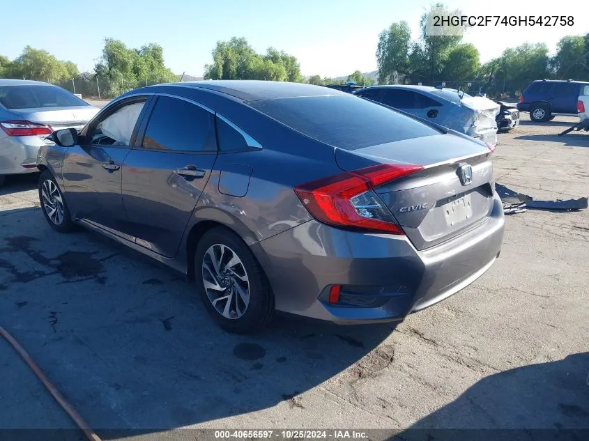 2HGFC2F74GH542758 2016 Honda Civic Ex