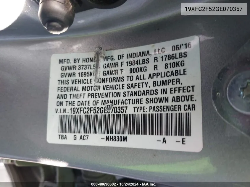 19XFC2F52GE070357 2016 Honda Civic Lx