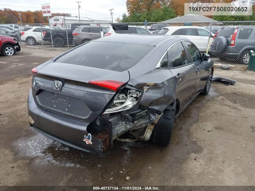 2016 Honda Civic Ex VIN: 19XFC2F75GE020652 Lot: 40737134