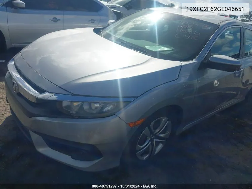 2016 Honda Civic Lx VIN: 19XFC2F62GE046651 Lot: 40751297