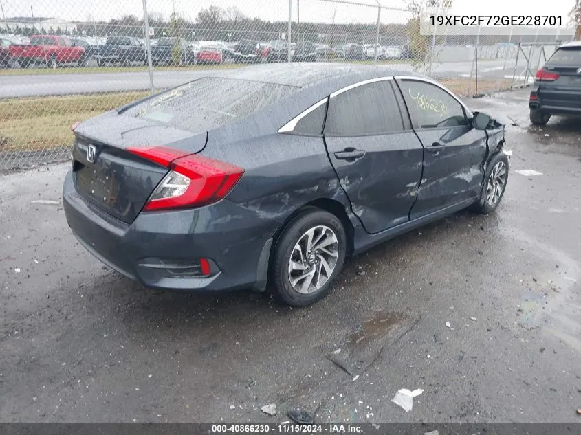 2016 Honda Civic Ex VIN: 19XFC2F72GE228701 Lot: 40866230