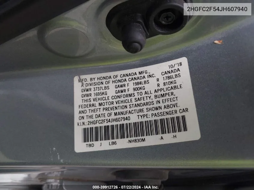 2HGFC2F54JH607940 2018 Honda Civic Lx