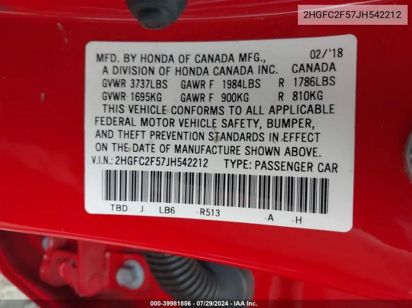 2HGFC2F57JH542212 2018 Honda Civic Lx