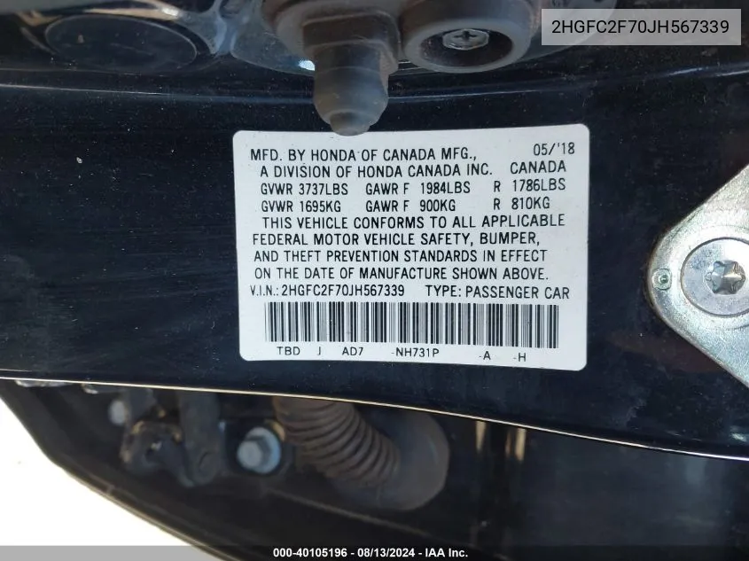 2HGFC2F70JH567339 2018 Honda Civic Ex