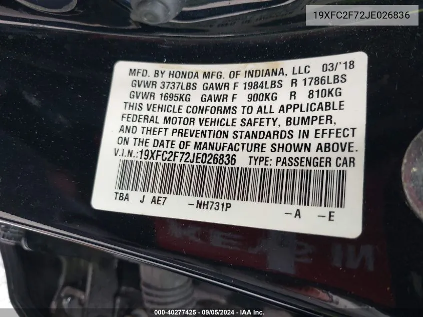 2018 Honda Civic Ex VIN: 19XFC2F72JE026836 Lot: 40277425