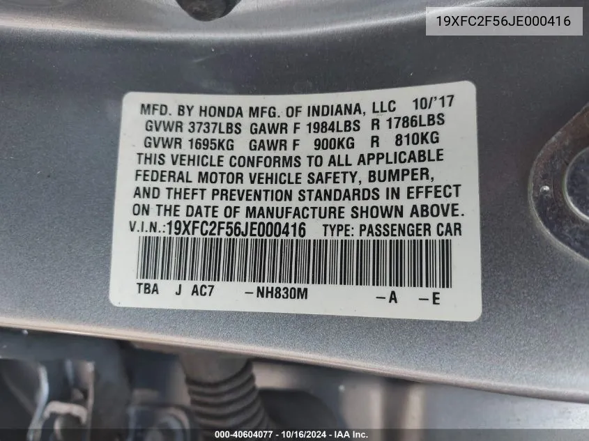 2018 Honda Civic Lx VIN: 19XFC2F56JE000416 Lot: 40604077