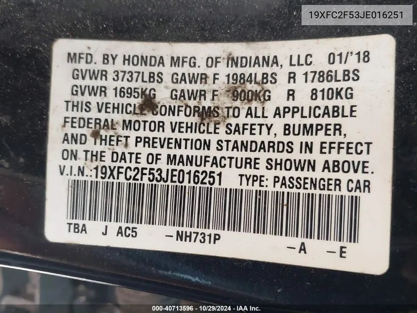 2018 Honda Civic Lx VIN: 19XFC2F53JE016251 Lot: 40713596