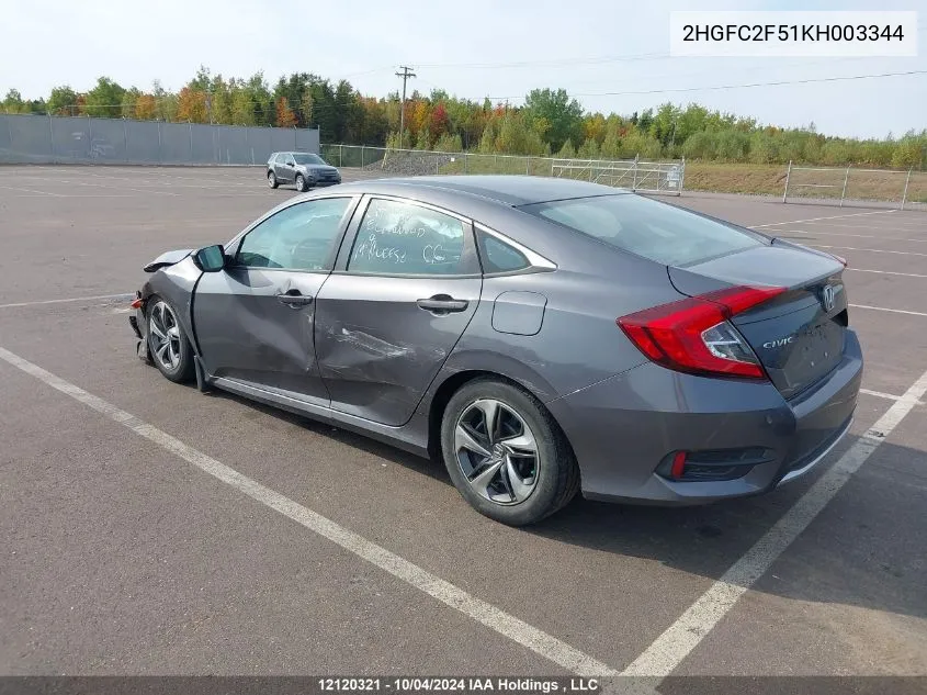 2019 Honda Civic Sedan VIN: 2HGFC2F51KH003344 Lot: 12120321