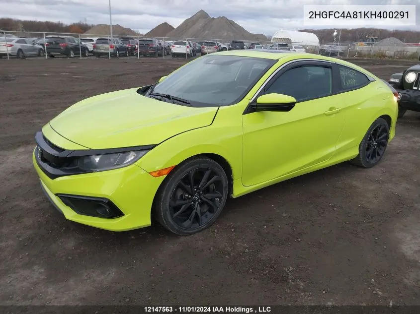 2019 Honda Civic Sport VIN: 2HGFC4A81KH400291 Lot: 12147563