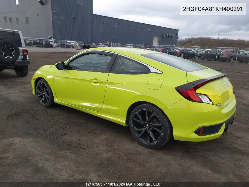 2019 Honda Civic Sport VIN: 2HGFC4A81KH400291 Lot: 12147563