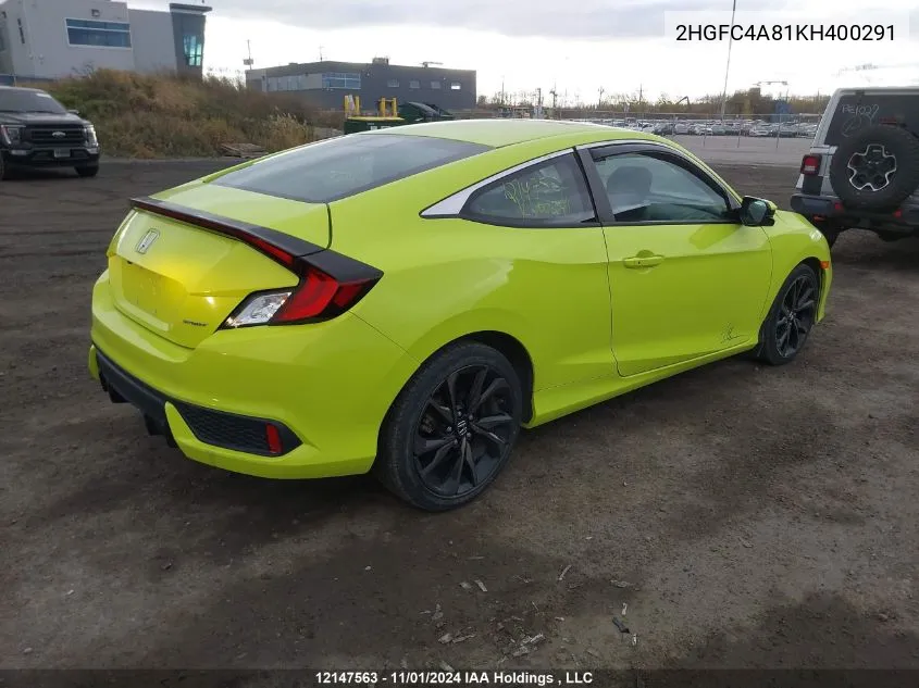 2019 Honda Civic Sport VIN: 2HGFC4A81KH400291 Lot: 12147563