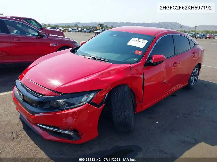 2019 Honda Civic Lx VIN: 2HGFC2F62KH597192 Lot: 39833142