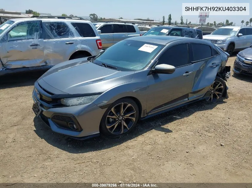 2019 Honda Civic Sport Touring VIN: SHHFK7H92KU403304 Lot: 39879266