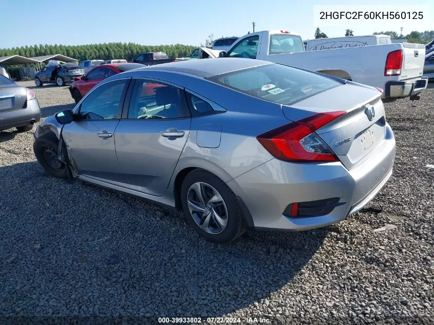 2019 Honda Civic Lx VIN: 2HGFC2F60KH560125 Lot: 39933802