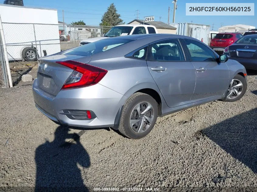 2019 Honda Civic Lx VIN: 2HGFC2F60KH560125 Lot: 39933802