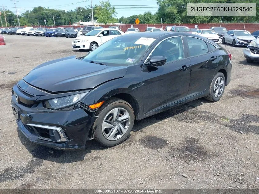 2019 Honda Civic Lx VIN: 2HGFC2F60KH529540 Lot: 39952137