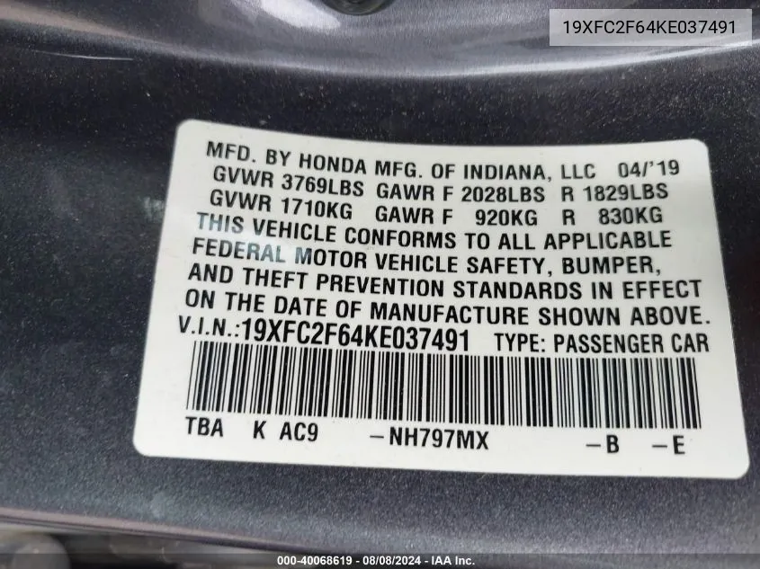 19XFC2F64KE037491 2019 Honda Civic Lx