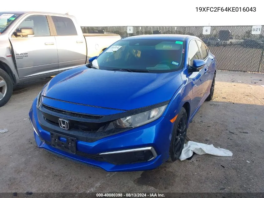 2019 Honda Civic Lx VIN: 19XFC2F64KE016043 Lot: 40080398