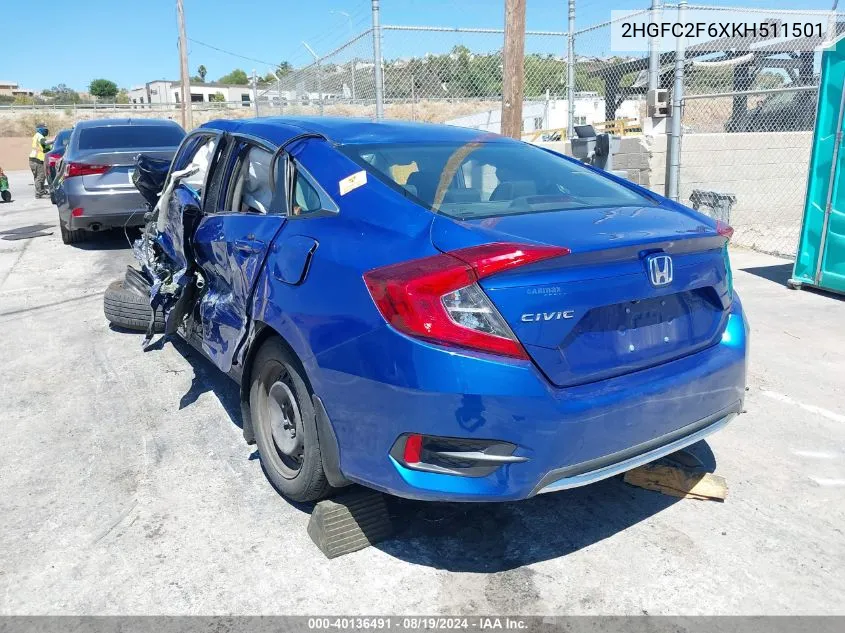 2019 Honda Civic Lx VIN: 2HGFC2F6XKH511501 Lot: 40136491