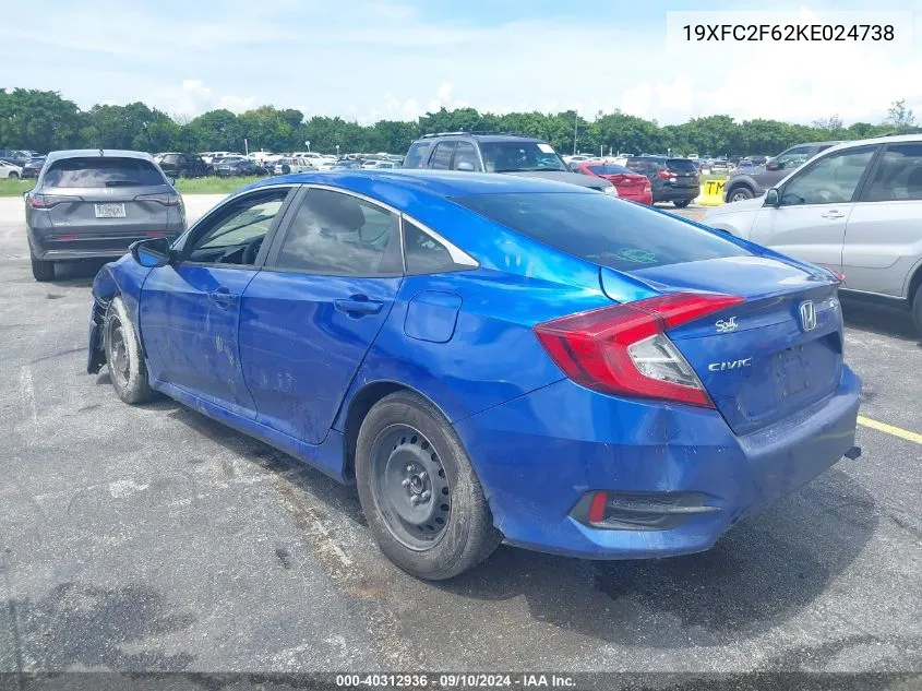 2019 Honda Civic Lx VIN: 19XFC2F62KE024738 Lot: 40312936