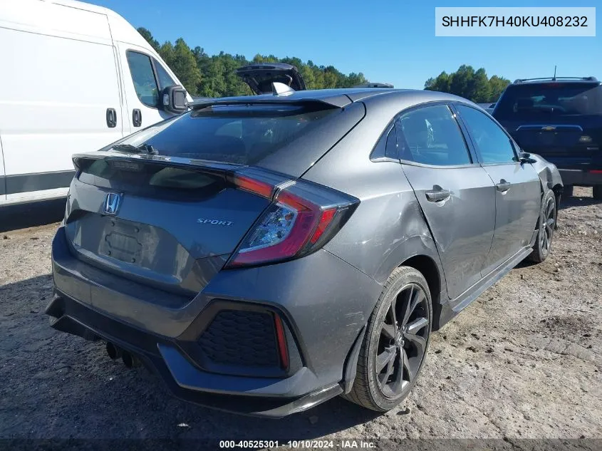 2019 Honda Civic Sport VIN: SHHFK7H40KU408232 Lot: 40525301