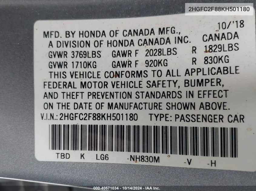 2019 Honda Civic Sport VIN: 2HGFC2F88KH501180 Lot: 40571034