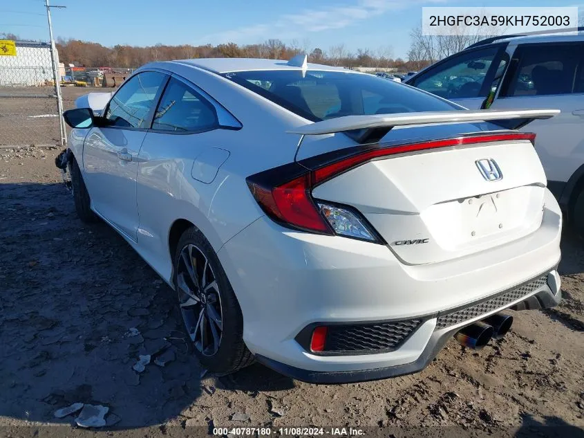 2019 Honda Civic Si VIN: 2HGFC3A59KH752003 Lot: 40787180