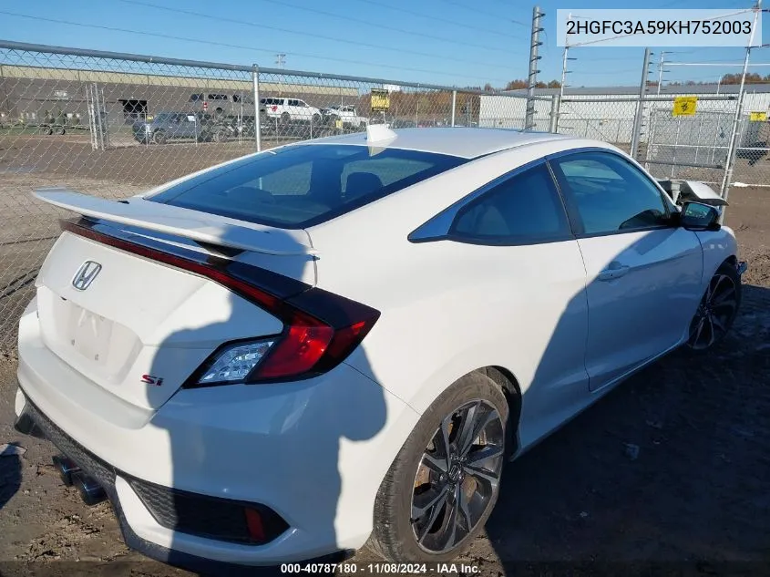 2019 Honda Civic Si VIN: 2HGFC3A59KH752003 Lot: 40787180