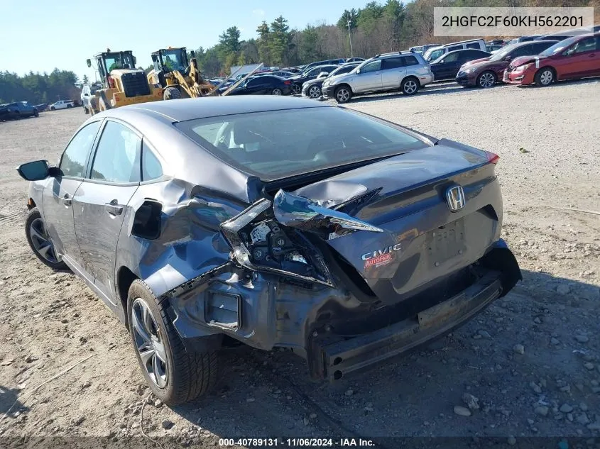 2019 Honda Civic Lx VIN: 2HGFC2F60KH562201 Lot: 40789131