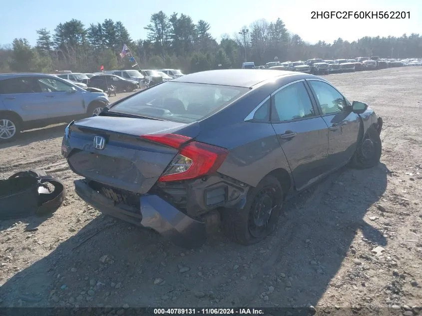 2019 Honda Civic Lx VIN: 2HGFC2F60KH562201 Lot: 40789131