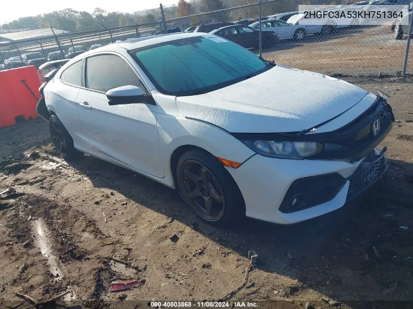 2019 Honda Civic Si VIN: 2HGFC3A53KH751364 Lot: 40803868