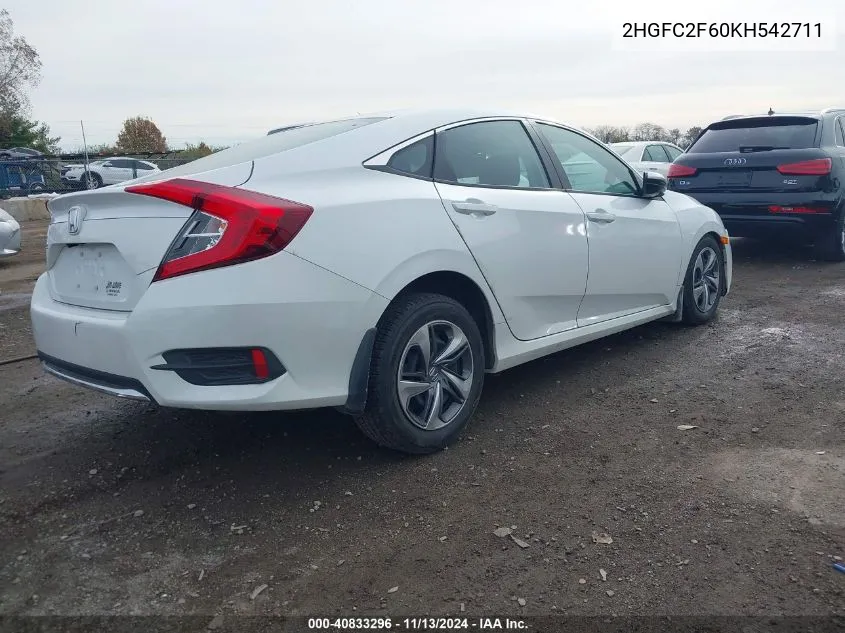 2019 Honda Civic Lx VIN: 2HGFC2F60KH542711 Lot: 40833296