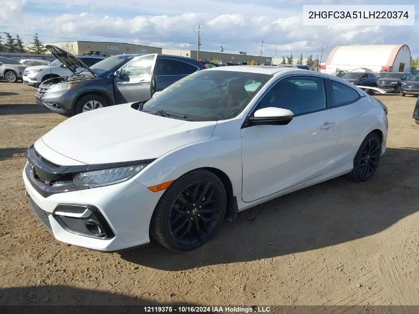 2020 Honda Civic Si Si VIN: 2HGFC3A51LH220374 Lot: 12119375