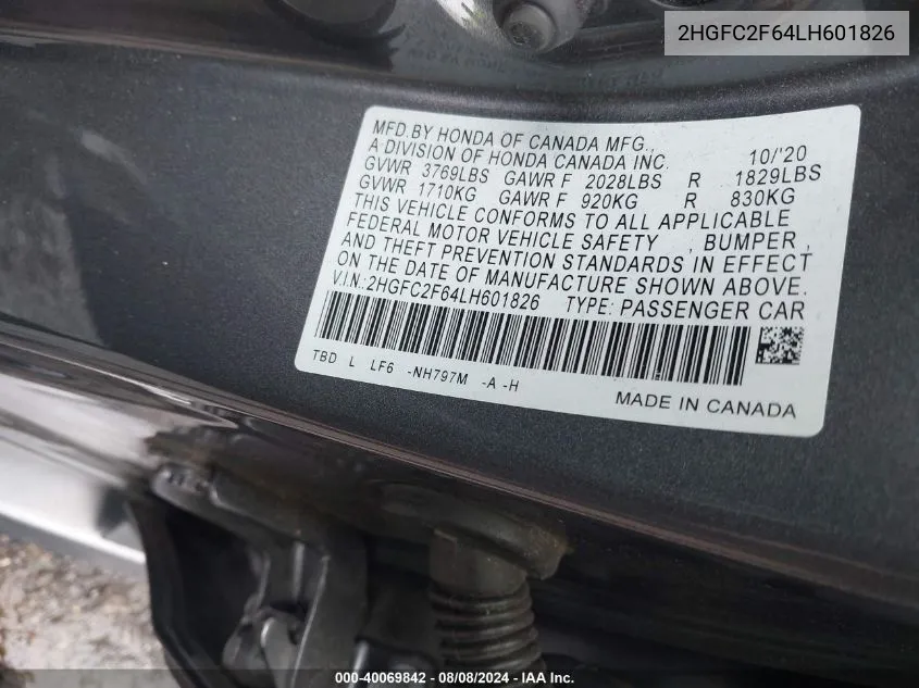 2HGFC2F64LH601826 2020 Honda Civic Lx