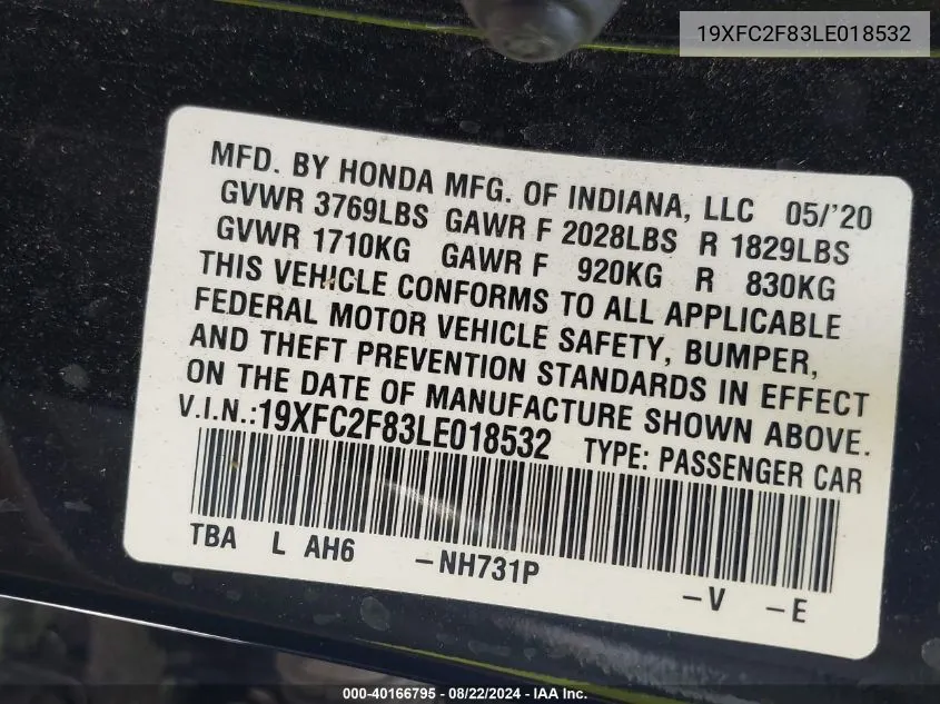 2020 Honda Civic Sport VIN: 19XFC2F83LE018532 Lot: 40166795