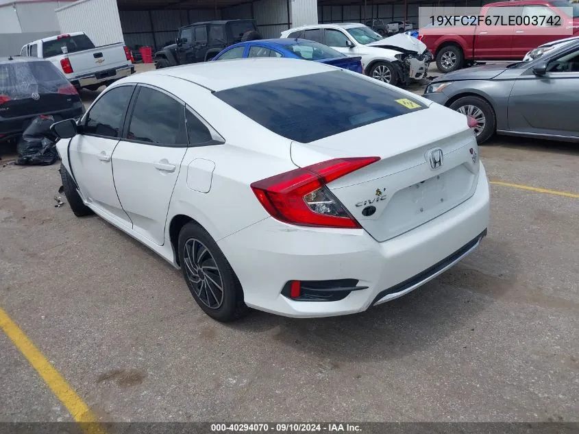 2020 Honda Civic Lx VIN: 19XFC2F67LE003742 Lot: 40294070