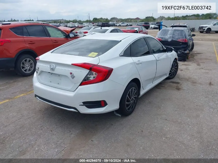 2020 Honda Civic Lx VIN: 19XFC2F67LE003742 Lot: 40294070