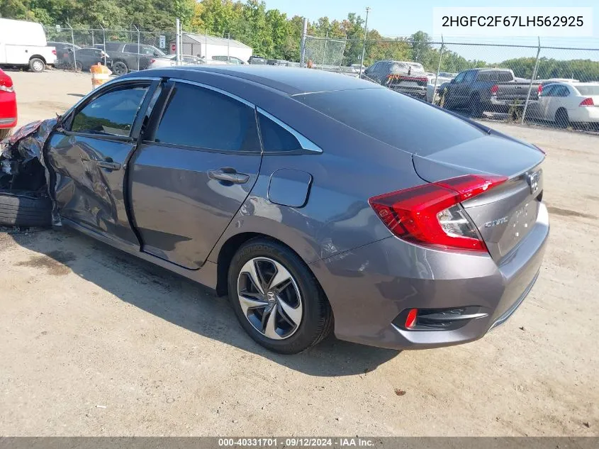 2020 Honda Civic Lx VIN: 2HGFC2F67LH562925 Lot: 40331701