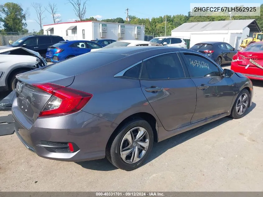 2020 Honda Civic Lx VIN: 2HGFC2F67LH562925 Lot: 40331701