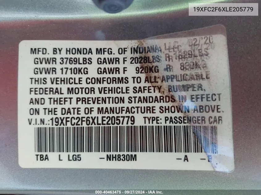 2020 Honda Civic Lx VIN: 19XFC2F6XLE205779 Lot: 40463475