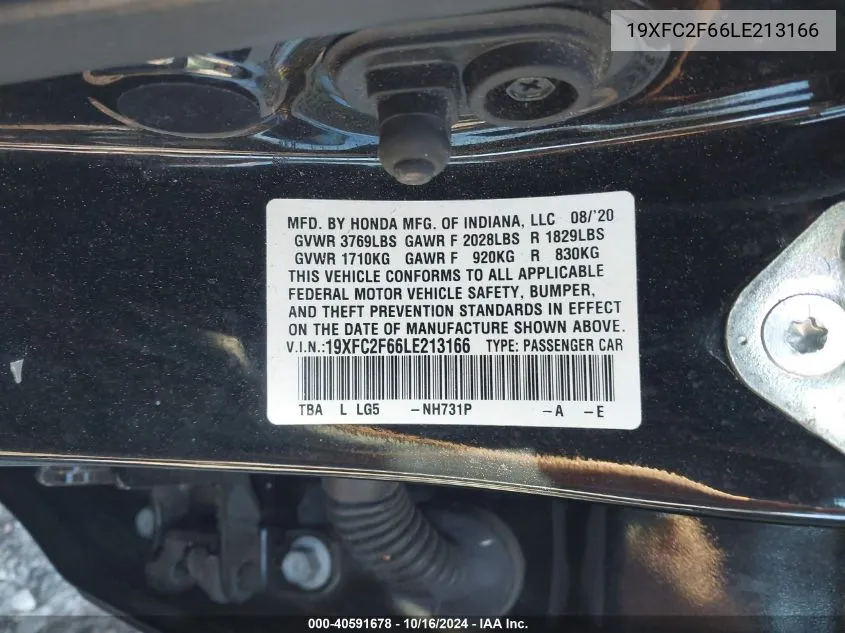 2020 Honda Civic Lx VIN: 19XFC2F66LE213166 Lot: 40591678