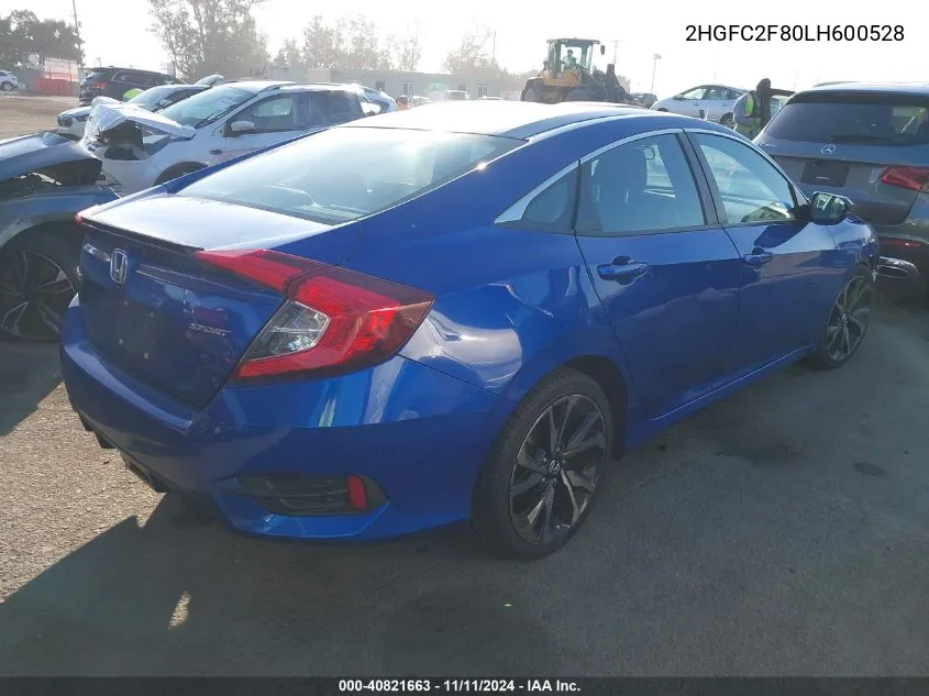 2020 Honda Civic Sport VIN: 2HGFC2F80LH600528 Lot: 40821663