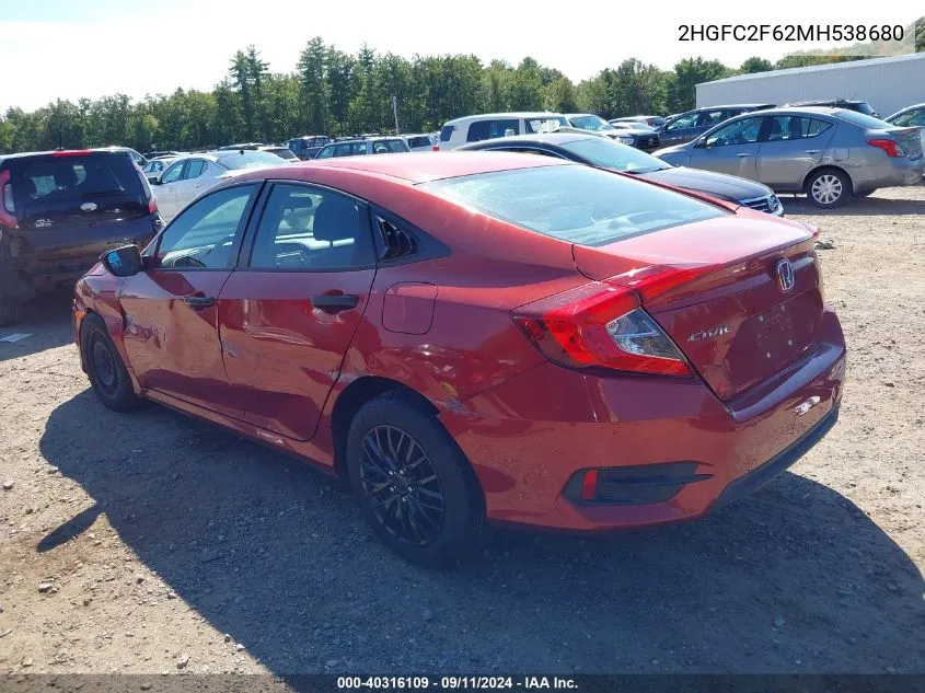 2021 Honda Civic Lx VIN: 2HGFC2F62MH538680 Lot: 40316109