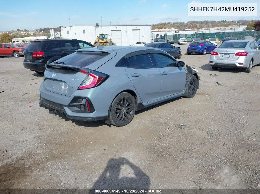 2021 Honda Civic Sport VIN: SHHFK7H42MU419252 Lot: 40694149