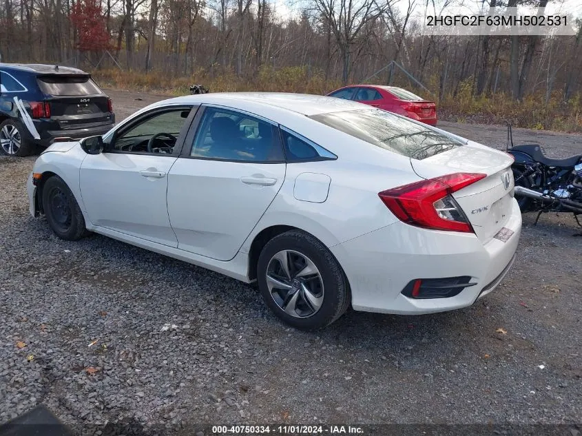 2021 Honda Civic Lx VIN: 2HGFC2F63MH502531 Lot: 40750334