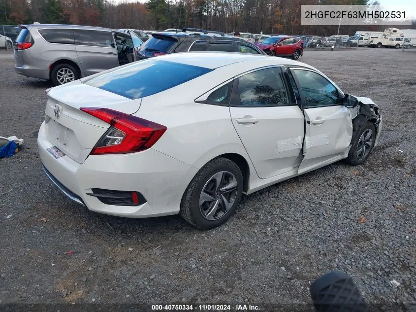 2021 Honda Civic Lx VIN: 2HGFC2F63MH502531 Lot: 40750334